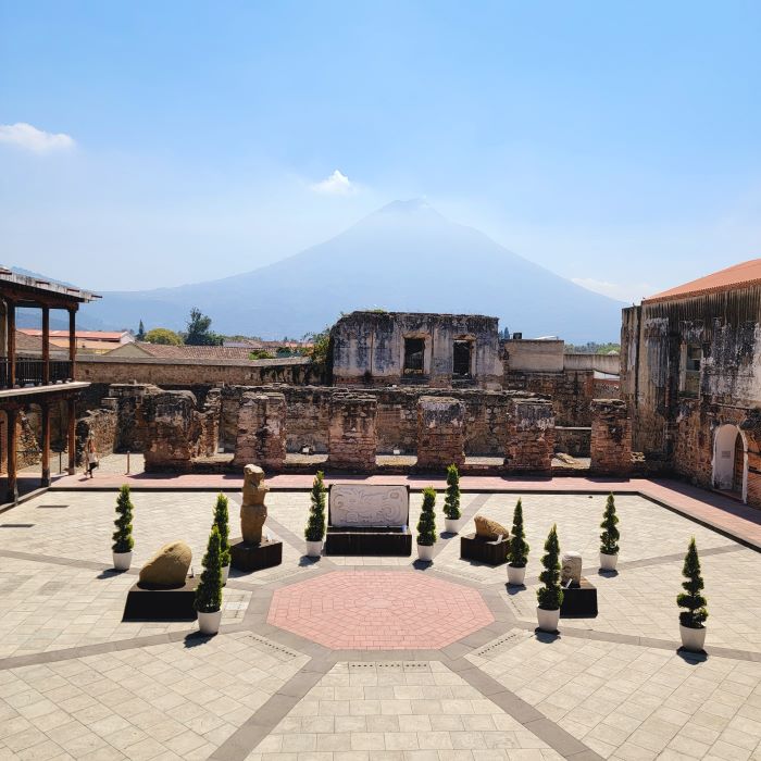 Museo Nacional de Arte Guatemalteco MUNAG Courtyard View with Agua Volcano Antigua Guatemala